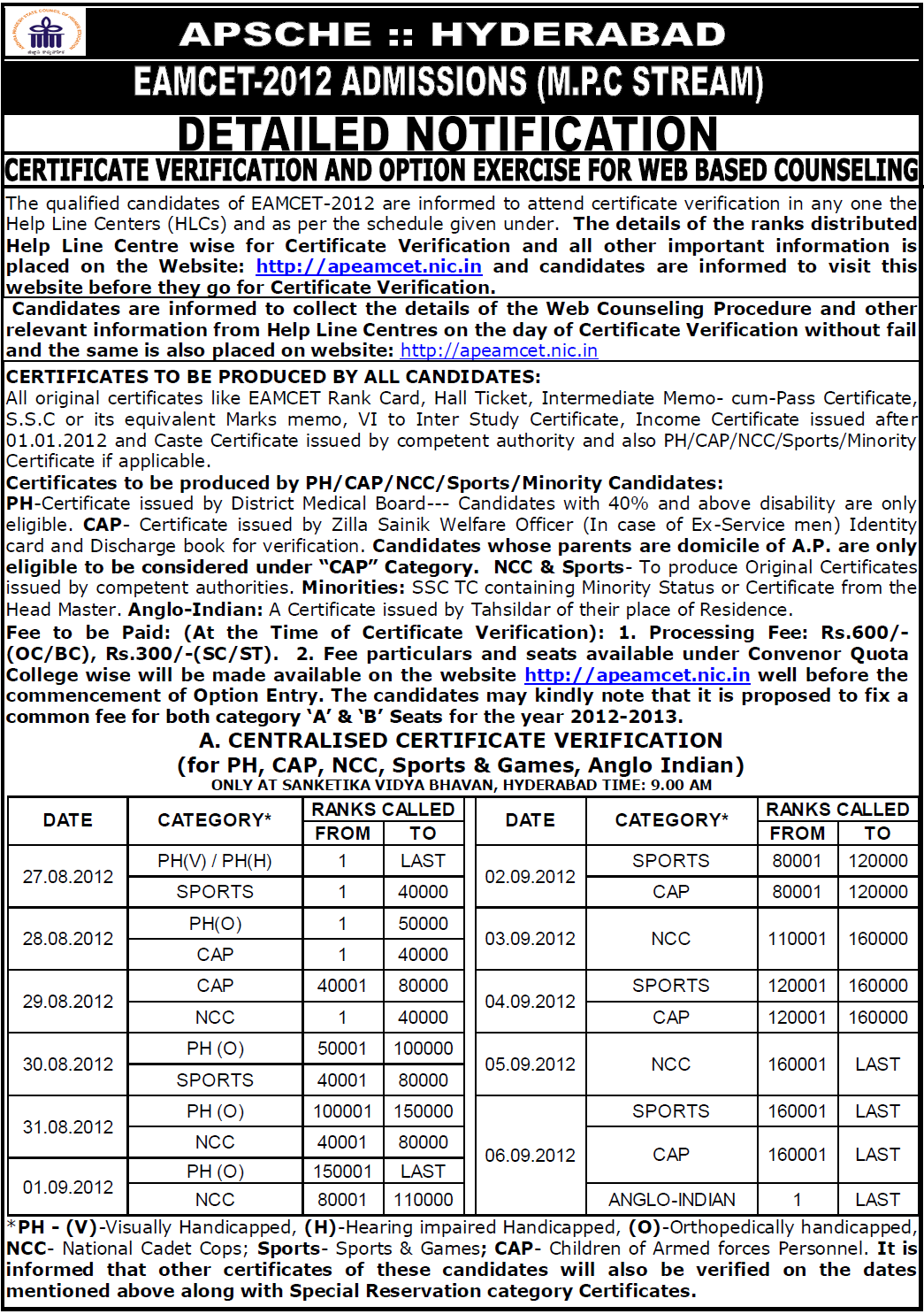 eamcet 2012 counselling notification